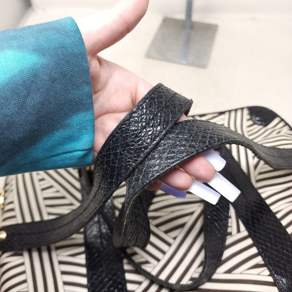 Henri Bendel Laptop Bag Disturbed Stripe Brown Black Canvas Leather Briefcase - Picture 10 of 16